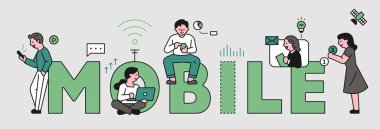 Çevrelerinde cep telefonu kullanan büyük, hareketli karakterler ve küçük, sevimli insanlar. düz tasarım biçimi asgari vektör çizimi.