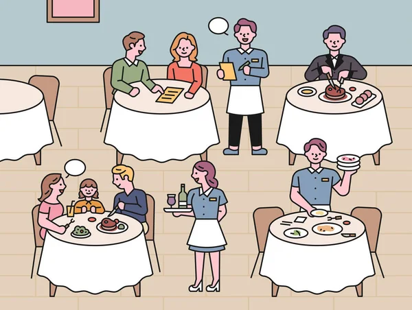 Décors Restaurant Serveuses Servant Les Clients Dînant Table Illustration Vectorielle — Image vectorielle