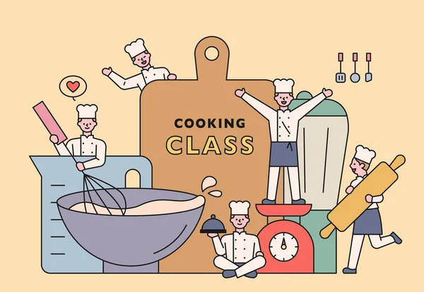 Des Personnages Uniforme Chef Saluent Autour Des Ustensiles Cuisine Géants — Image vectorielle