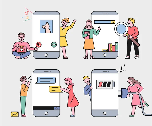 Großer Mobiler Bildschirm Und Kleine Niedliche Menschen Herum Flaches Design — Stockvektor