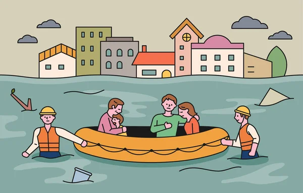 城市被洪水淹没了 救援人员正乘船救人 平面设计风格最小矢量插图 — 图库矢量图片
