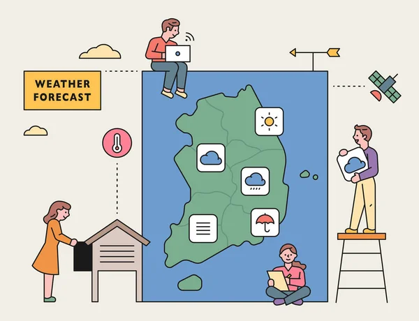 Una Ricetrasmittente Meteo Con Osservatori Meteo Sudcoreani Disegno Piatto Stile — Vettoriale Stock