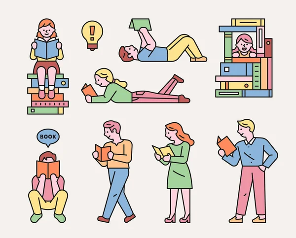 Die Menschen Lesen Der Bibliothek Bücher Verschiedenen Positionen Flaches Design — Stockvektor