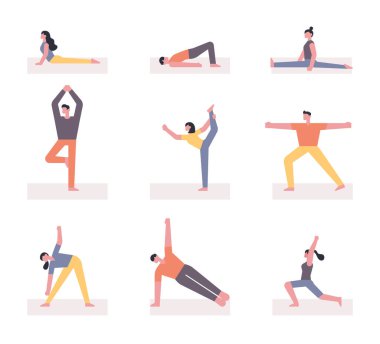 Çeşitli hareketlerle yoga yapan insanlar..