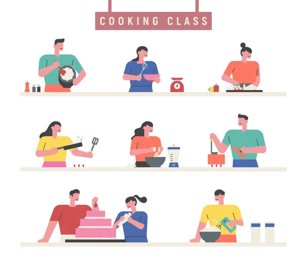 Die Schüler Des Kochkurses Verwenden Verschiedene Kochutensilien — Stockvektor