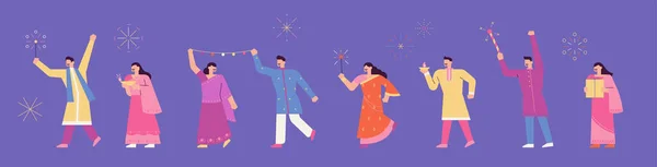 Wielu Ludzi Tradycyjnych Indyjskich Kostiumach Korzystających Festiwalu Diwali — Wektor stockowy