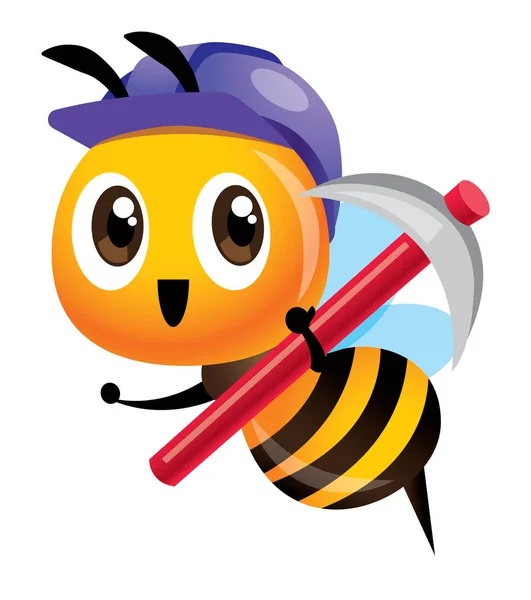 귀여운 보라색 모자를 착용하고 도구를 귀여운 마스코트 꿀벌입니다 어린이 귀엽다 — 스톡 벡터