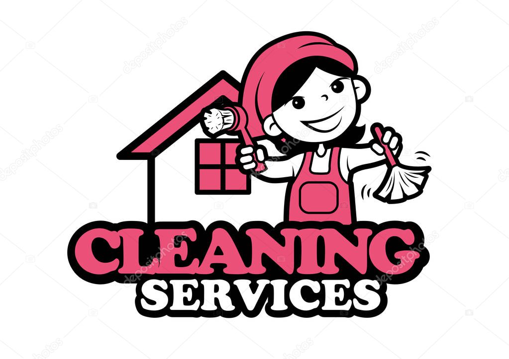 Happy housekeeper and hardworking woman cleaning services. Cartoon character cleaner holds dust brushes and house background. Vector illustration on white background. - Vector