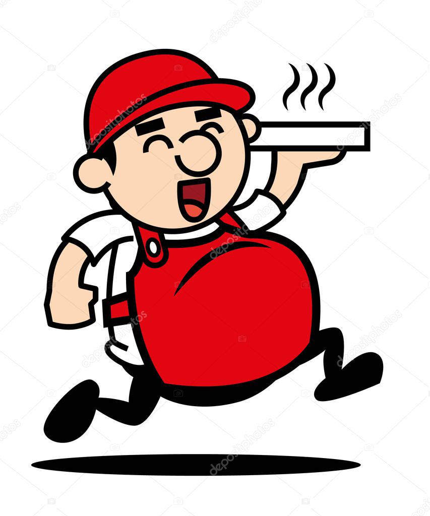 Vector graphic mascot of Happy laughing fat boy delivering food. Isolated on white.