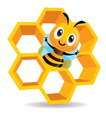 Çizgi film sevimli arı bal hücre içinde kal. 3D tatlım hücreleri. Petek vektör illüstrasyon izole