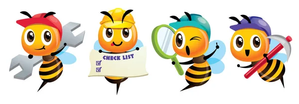 Çizgi film sevimli arı maskot ayarlayın. Bir somun anahtarı tutan, bir tabela holding, Büyüteç tutarak, bir çapa holding karikatür şirin arı. Çalışkan Arı giyen güvenlik kapağı. Vektör illüstrasyon izole
