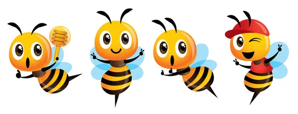 漫画かわいい蜂のマスコットのセットです 漫画かわいい蜂蜂蜜ディッパーを勝利のサインを示す 押しながらキャップを身に着けています 分離したベクトル図 — ストックベクタ