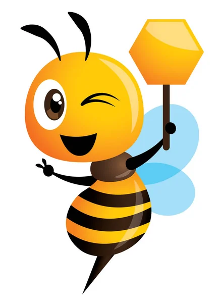 漫画かわいい蜂蜂蜜形看板を押し勝利手を示します 分離したベクトル図 — ストックベクタ