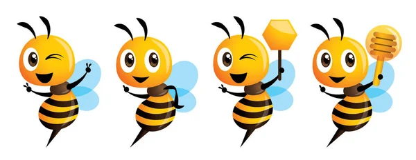 Söt Bee Maskot Serien Cartoon Söt Bee Pekar Vektorillustration Isolerade — Stock vektor
