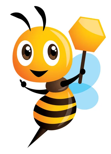 漫画かわいい蜂蜂蜜形看板を押し勝利手を示します 分離したベクトル図 — ストックベクタ