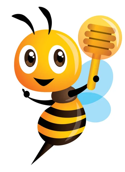 Cartoon Schattig Bee Aan Wijzen Honey Dipper Houden Vectorillustratie Geïsoleerd — Stockvector