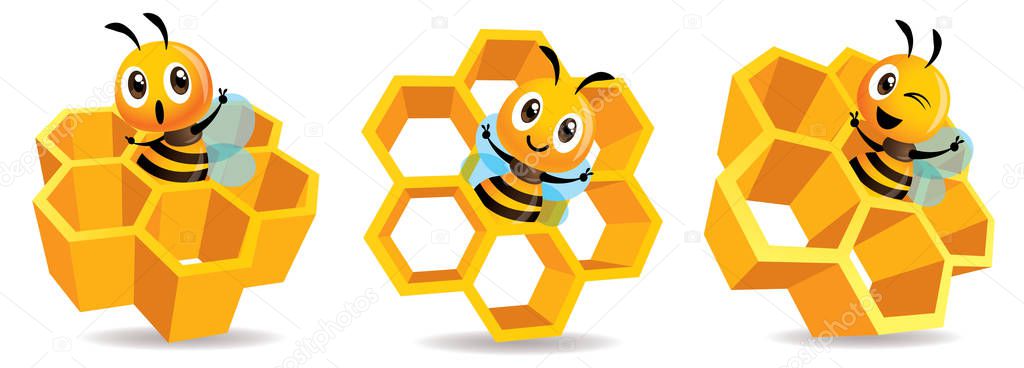 Cartoon cute bee mascot with honey cells set. Cartoon cute bee with big Honey Cells. Honeycomb vector illustration isolated