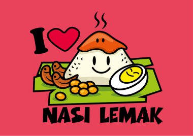 Nasi Lemak. Geleneksel malay yemekleri. Sevimli karakterler Nasi Lemak pirinç haşlanmış yumurta, yer fıstığı, muz yaprağı ile. Baharatlı Sambal pirinç üzerine. Slogan: Nasi Lemak seviyorum