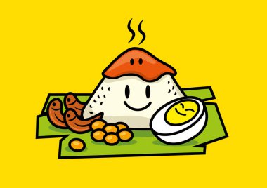 Nasi Lemak. Geleneksel malay yemekleri. Sevimli karakterler Nasi Lemak pirinç haşlanmış yumurta, yer fıstığı, muz yaprağı ile. Pirinç üzerine baharatlı Sambal.