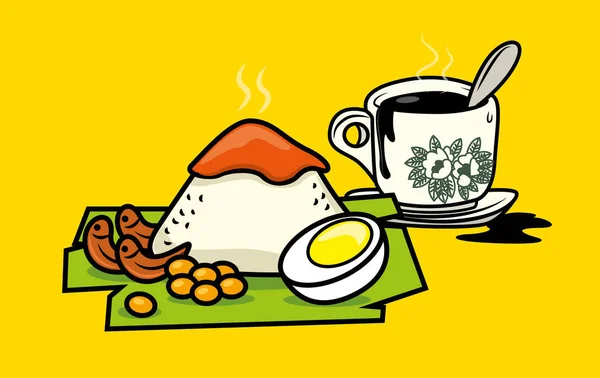 Hagyományos Maláj Ételek Nasi Lemak Kopi Kávéval Hainanese Étkezés Készlet — Stock Vector