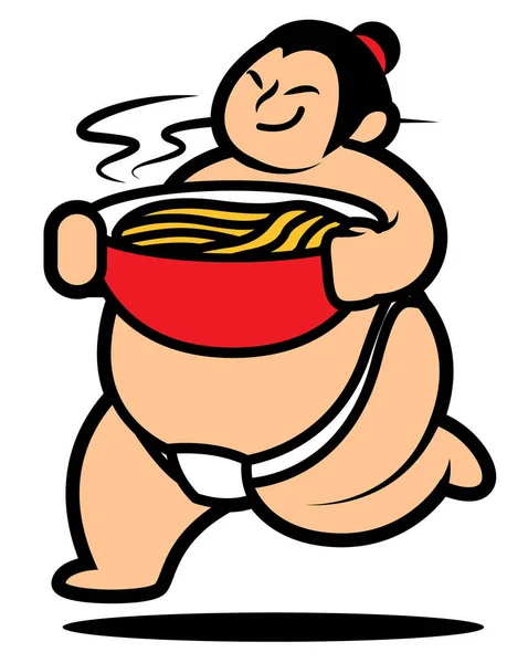 Japanische Sumo Cartoon Maskottchen Liefern Eine Große Schüssel Heißen Ramen — Stockvektor