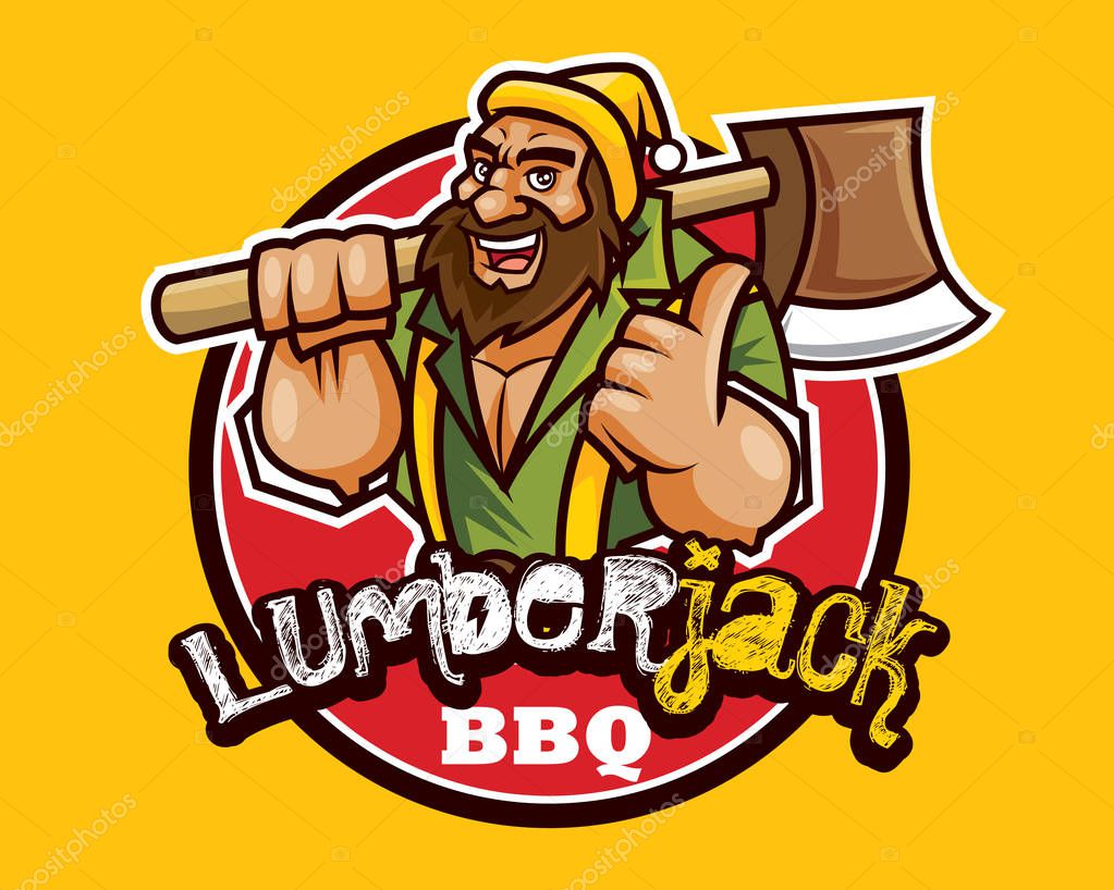 Cartoon lumberjack wears a beanie hat and holds a ax on shoulder. Bearded lumberjack woodcutter bbq with good hand sign - Vector
