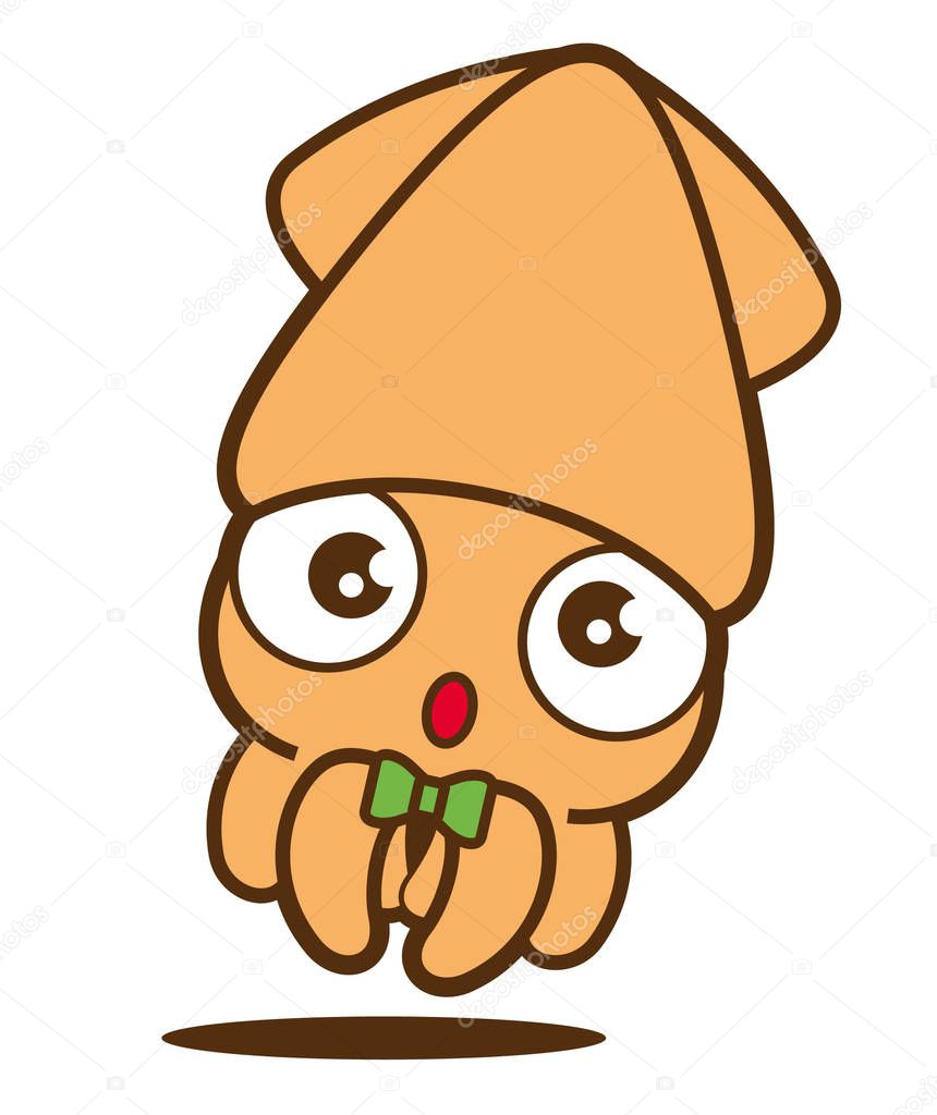 Cartoon cute squid with bowtie, vector mascot character. Isolated.