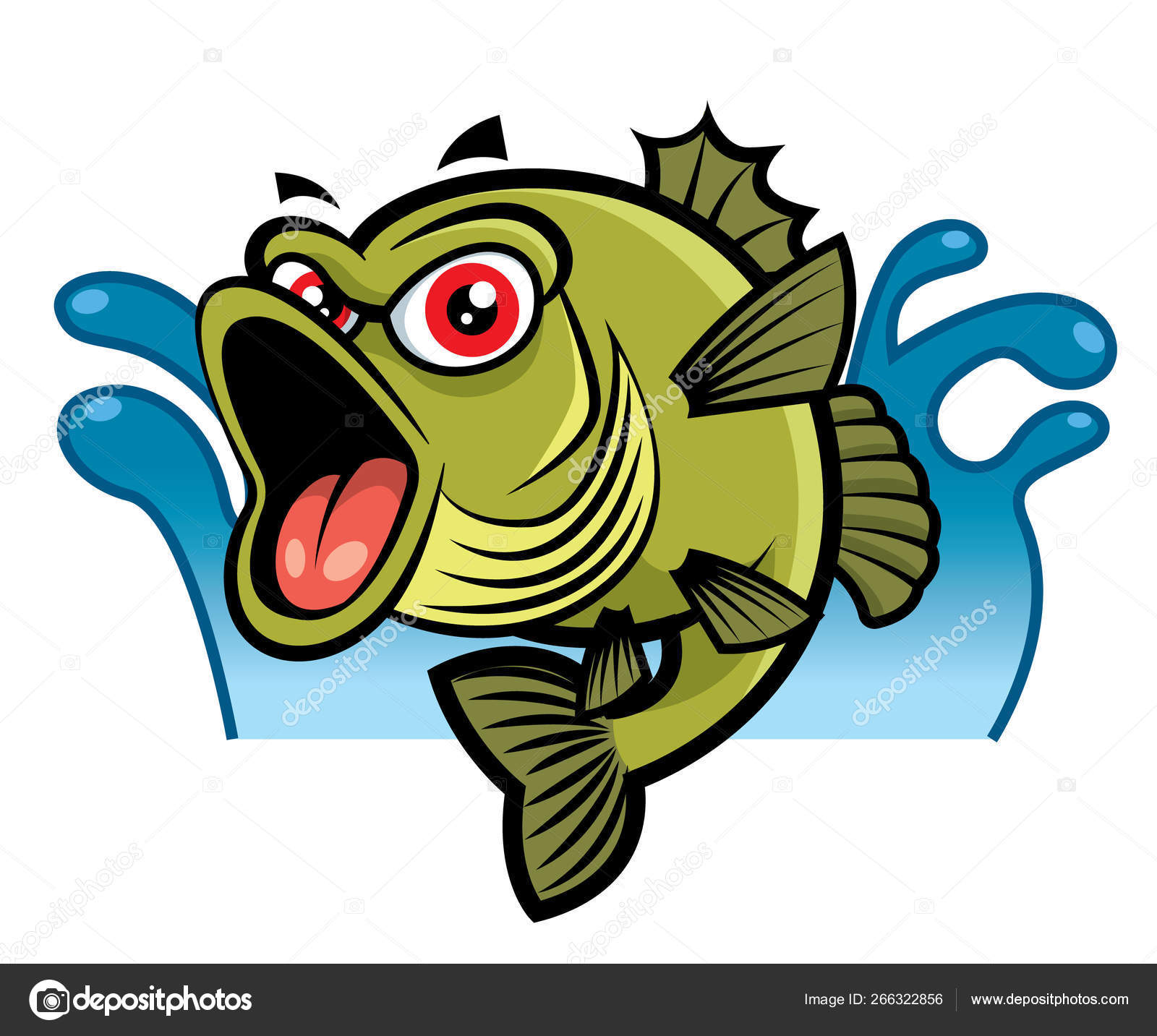 Cartoon Cute Big Red Eyes Bass Fish Character Water Splash Stock