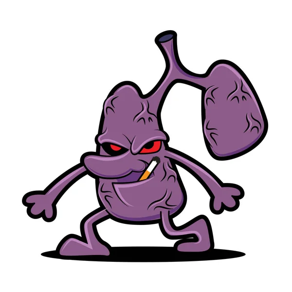 Cartone Animato Personaggio Polmone Cattivo Fumare Una Sigaretta Illustrazione Della — Vettoriale Stock