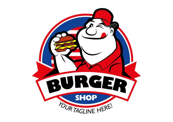 Dessin Animé Drôle Gros Homme Tenant Hamburger Sur Fond Rond — Image vectorielle