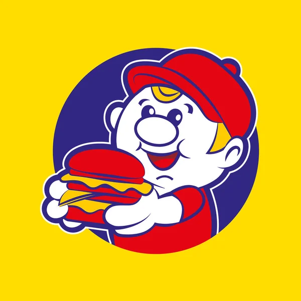 Burger Delivery Boy Mascot Holding Big Yummy Burger Vector Carácter — Archivo Imágenes Vectoriales