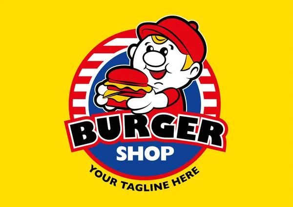 Cartoon Mignon Gros Garçon Personnage Livraison Hamburger Magasin Vectoriel Illustration — Image vectorielle