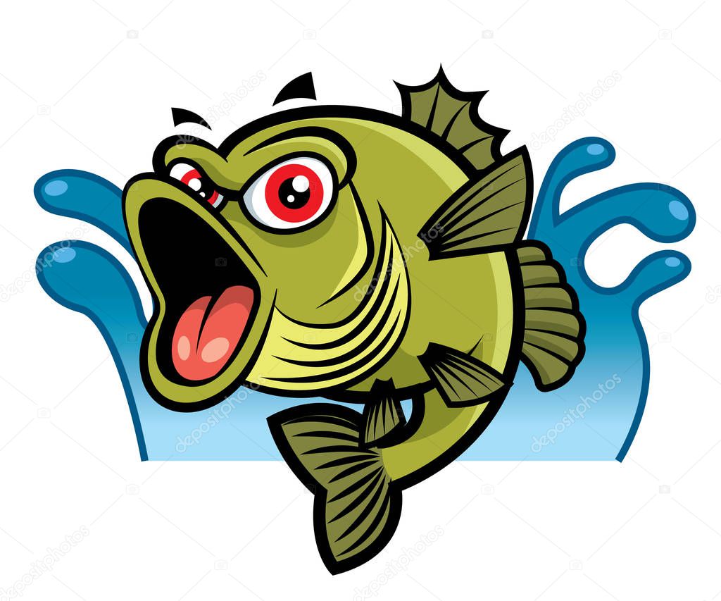 Cartoon Cute big red eyes bass fish character. Water splash background - vector mascot - vector