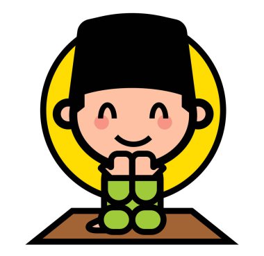 Selamat Hari Raya Aidilfitri. Sevimli müslüman çocuk Ramazan'da dua ediyor. Songkok giyen ve dua eden Müslüman karakter. - vektör karikatür