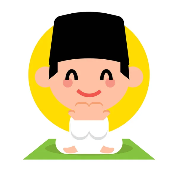 Cute Muslim Kid Praying Ramadan Muslim Cartoon Character Wearing Songkok — Stock Vector