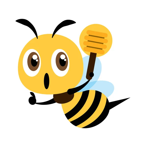 親指アップハンドサインで蜂蜜ディッパーを保持するフラットなデザインかわいい蜂 フラットベクトルイラストレーション — ストックベクタ