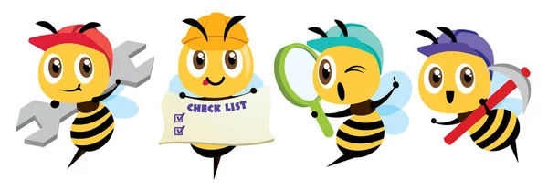 Cartoon Cute Bee Maskotka Zestaw Cartoon Cute Bee Gospodarstwa Klucz — Wektor stockowy