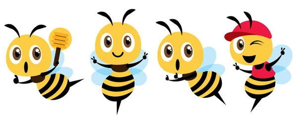 漫画かわいい蜂のマスコットセットフラットデザイン ハニーディッパーを持ち 帽子をかぶって勝利のサインを示す漫画かわいい蜂 フラットベクトルイラスト分離 — ストックベクタ