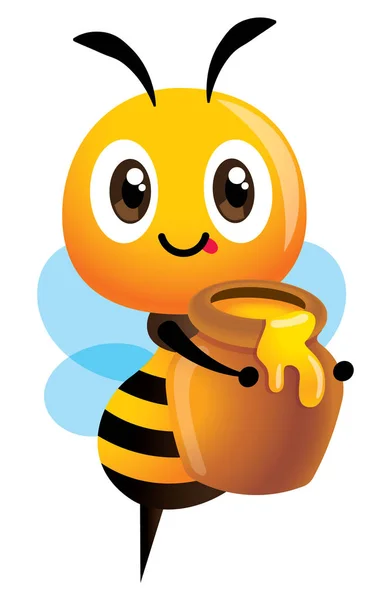 Cartoon Cute Bee Posiada Duży Garnek Miodu Świeży Miód Organiczny — Wektor stockowy