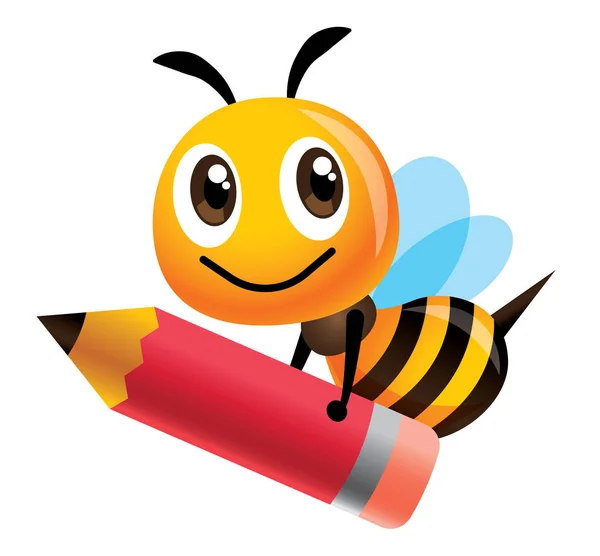 Мультфильм Милый Счастливый Пчелиный Талисман Большим Красным Карандашом Векторная Иллюстрация — стоковый вектор