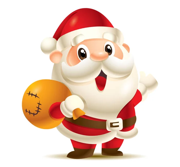 卡通可爱的圣诞老人吉祥物携带圣诞礼物袋放弃手孤立 矢量字符插图 — 图库矢量图片