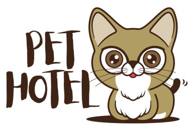 Sevimli kedi büyük tabela, evcil hayvan otel vektör illüstrasyon logosu ile yanında oturuyor. Sevimli kedi maskotu karakteri - vektör