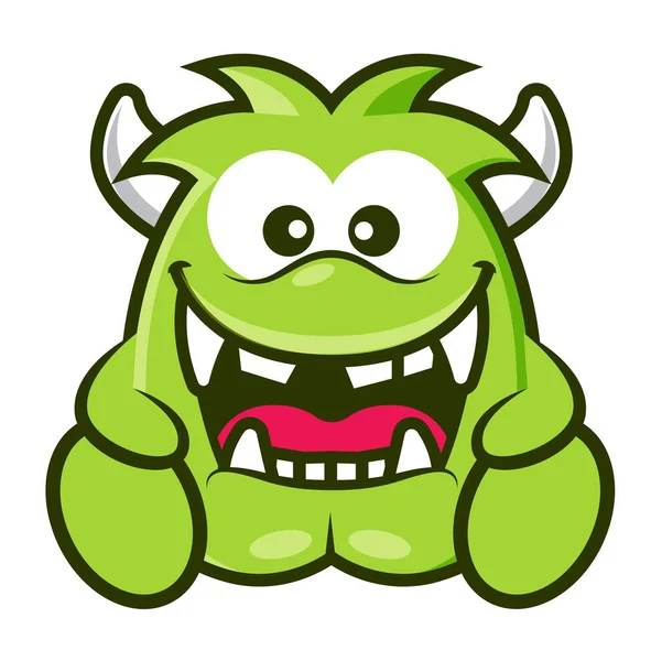 Cartoon Cute Green Monster Horn Laughing Halloween Vector Illustration — Stock Vector