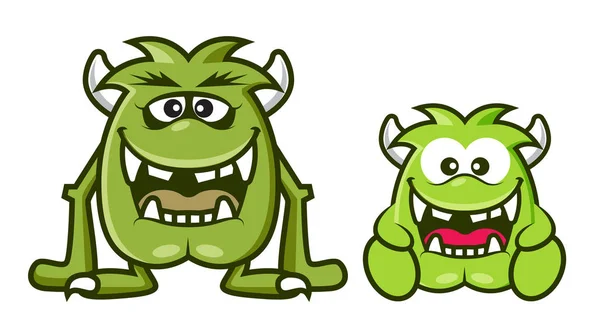 Monstres Verts Mignons Dessin Animé Avec Corne Riant Ensemble Illustration — Image vectorielle