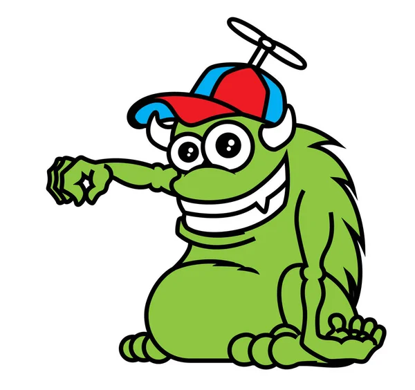 Cartoon Monstre Vert Mignon Avec Corne Portant Une Casquette Monstre — Image vectorielle