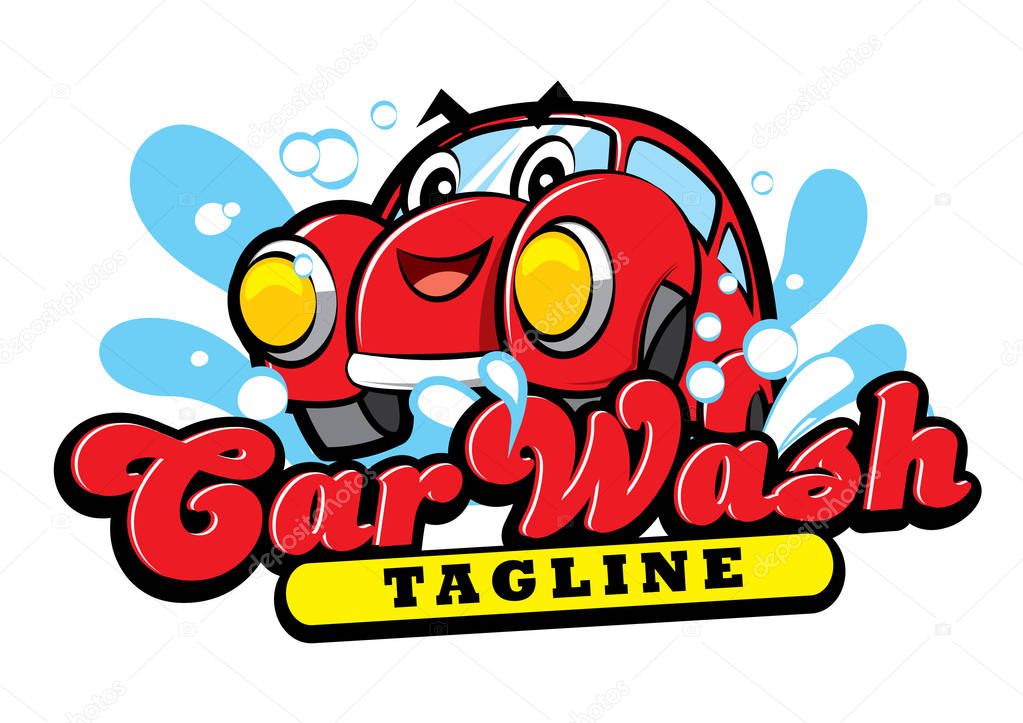 Cute Happy red car character cartoon for car wash logo- Vector Character Mascot  