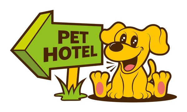 Dibujos Animados Lindo Cachorro Sentado Lado Del Letrero Del Hotel — Archivo Imágenes Vectoriales