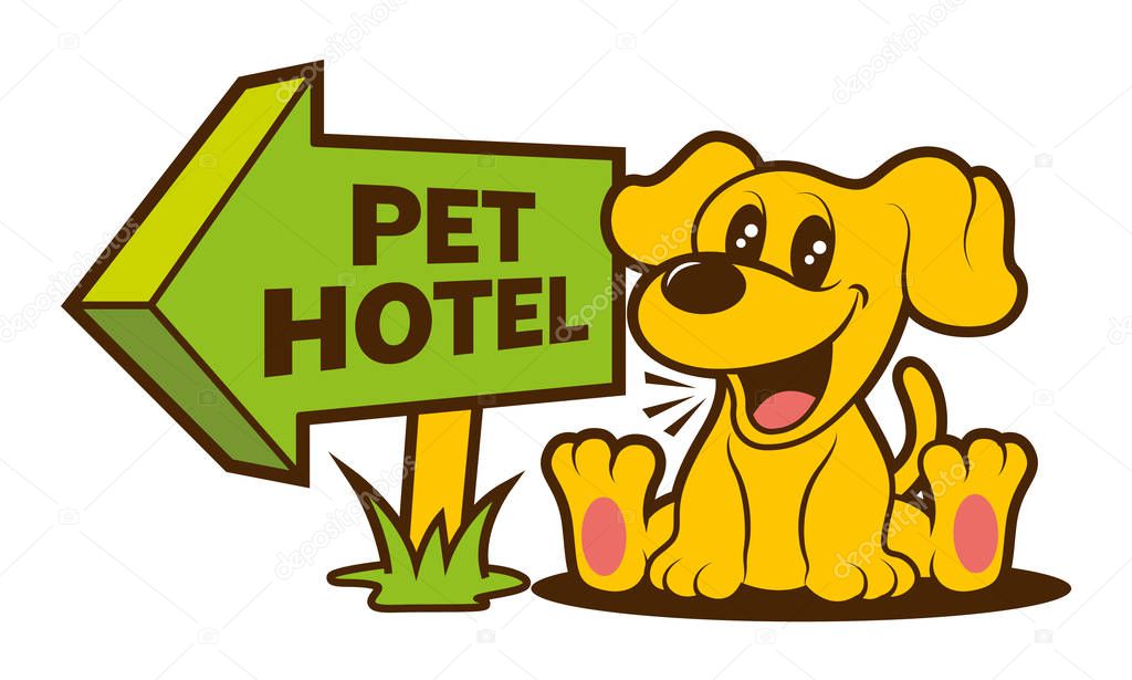 Cartoon Cute puppy sitting beside pet hotel signboard, dog vector character illustration