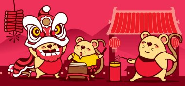 Çin Yeni Yıl Aslan Dans ve havai fişek oynayan sevimli fareler. Çin Yeni Yılı. Fare yılı. - Vektör