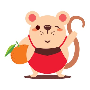 Karikatür sevimli sıçan büyük mandalina portakal taşıyan. Fare yılı. Çin Yeni Yılı. Çizgi film faresi karakteri izole edilmiş. - Vektör düz sanat